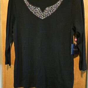 Rafaella Womens Black Rhinestone Embellished Neckline w/ 3/4 Sleeve NWT Size LP